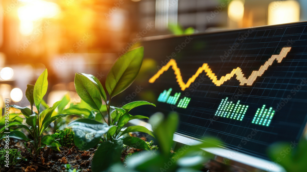 Poster Green plants growing near digital screen displaying financial data trends, symbolizing connection between nature and technology in sustainable growth