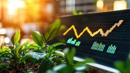 Green plants growing near digital screen displaying financial data trends, symbolizing connection between nature and technology in sustainable growth