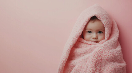 Newborn Baby Wrapped in Pink Blanket with Copy Space for Gentle Baby Photography