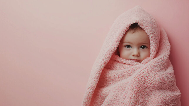 Newborn Baby Wrapped in Pink Blanket with Copy Space for Gentle Baby Photography
