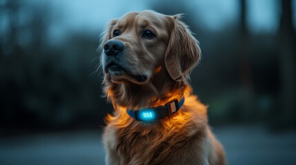 Golden Retriever Dog with Glowing Collar at Night