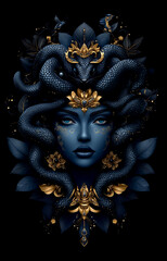 A woman with a snake headdress and gold jewelry