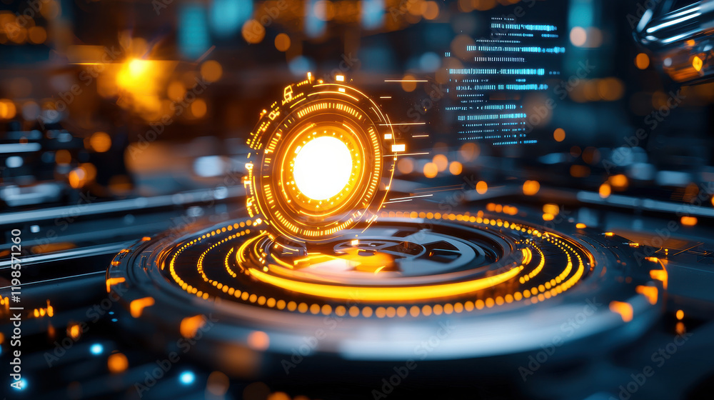 Poster futuristic engineering facility with robotic systems and glowing interfaces, showcasing advanced tec