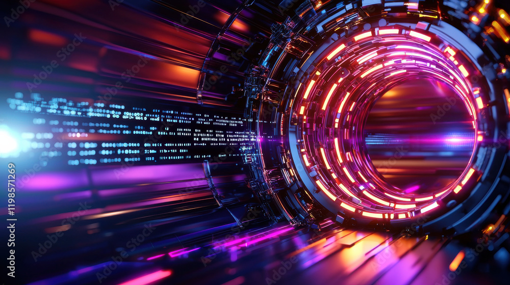 Aufkleber futuristic tunnel with vibrant lights and digital patterns, showcasing advanced technology and innov