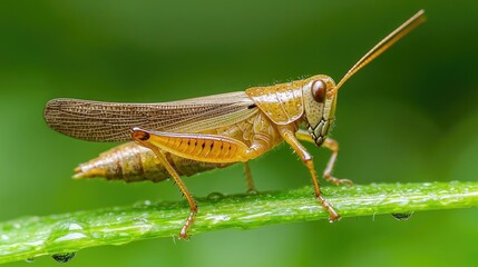 Grasshopper on dewy blade, green background, nature macro