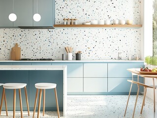 Modern Kitchen with Terrazzo Backsplash and Blue Cabinets