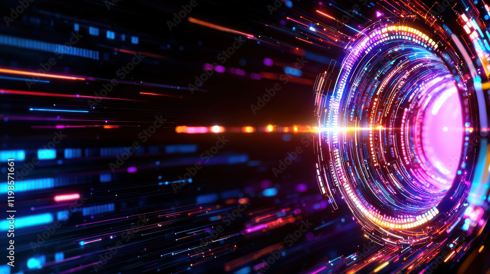 Fototapete Futuristic digital tunnel with vibrant light trails and glowing circles, representing advanced technology and innovation. mesmerizing visual of speed and motion