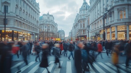 Obraz premium A vibrant urban scene of a large crowd of people crossing a pedestrian crossing in a bustling city street.