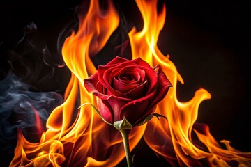 Fiery Red Rose: Burning Bloom in Dark Flames Stock Photo