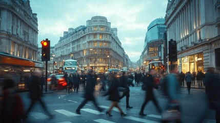 A vibrant urban scene of a large crowd of people crossing a pedestrian crossing in a bustling city street.