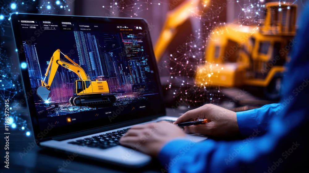 Poster person interacts with futuristic engineering software interface laptop, showcasing digital construct