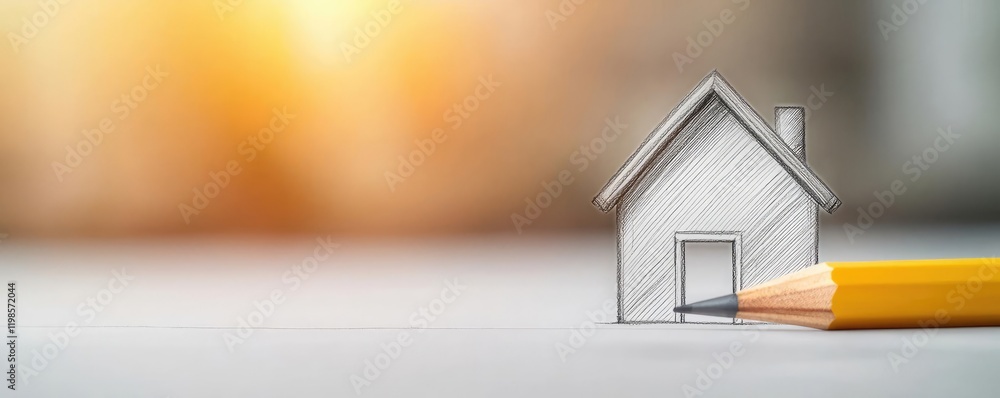 Poster engineer project idea. a conceptual drawing of a home created with a pencil on a blurred background.