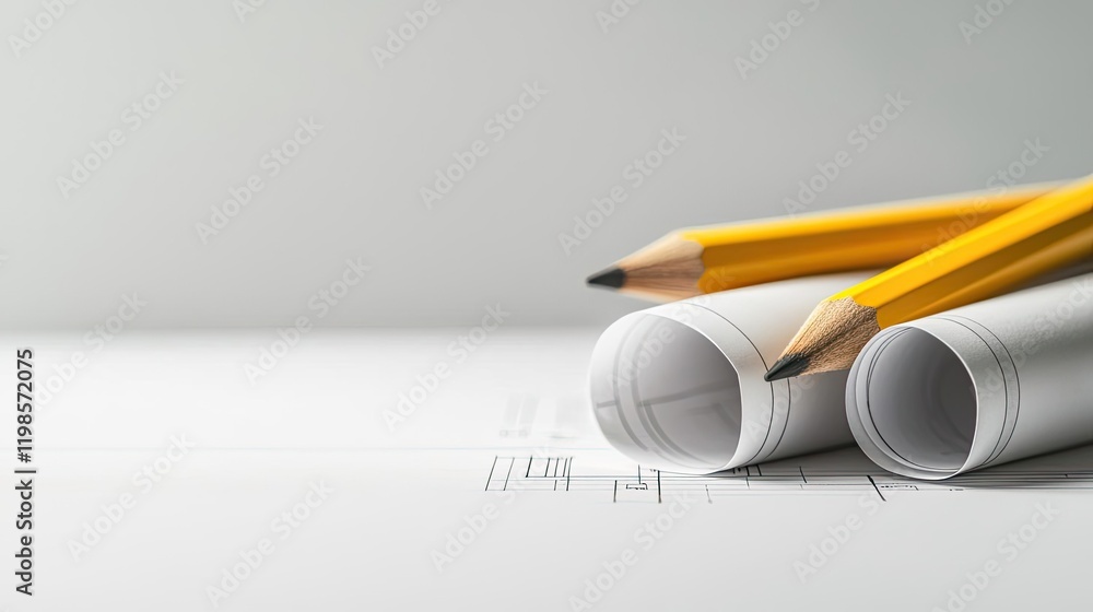 Poster engineer blueprint concept. close-up view of rolled blueprints and yellow pencils on a clean surface