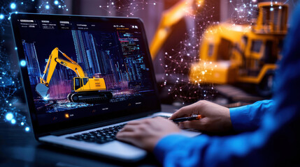 person interacts with futuristic engineering software interface laptop, showcasing digital construction site with yellow excavator. scene blends technology and machinery, highlighting innovation