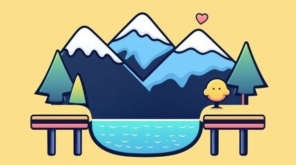 Charming illustration of nature scene with trees mountains and a lake whimsical art style tranquil setting