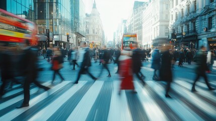 A vibrant urban scene of a large crowd of people crossing a pedestrian crossing in a bustling city street.