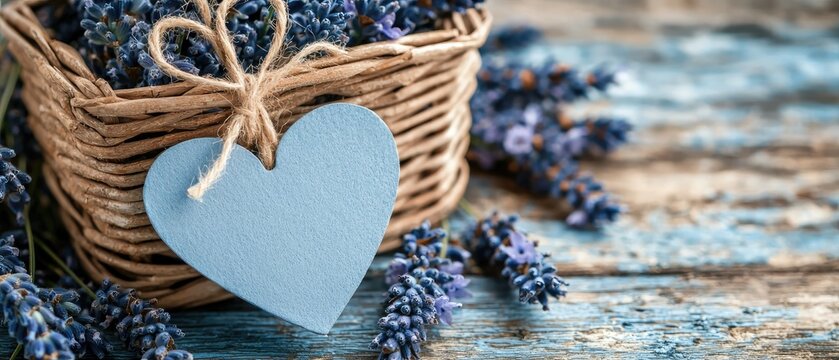 Woven basket with lavender and a blue heart tag on a rustic wooden background.