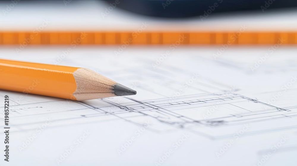 Poster engineer blueprint concept. close-up of a pencil on architectural blueprints for design and planning