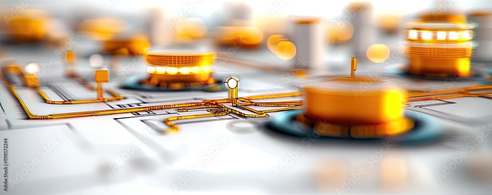 Poster engineer sketching concept. abstract close-up of a circuit board with vibrant orange components and 
