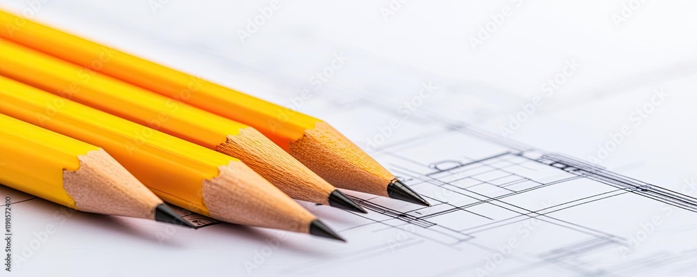 Poster engineer project idea. yellow pencils on a blueprint for architecture and design projects.
