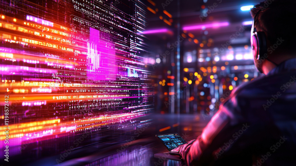 Aufkleber person using tablet in futuristic environment with vibrant digital displays. scene conveys sense of advanced technology and data analysis