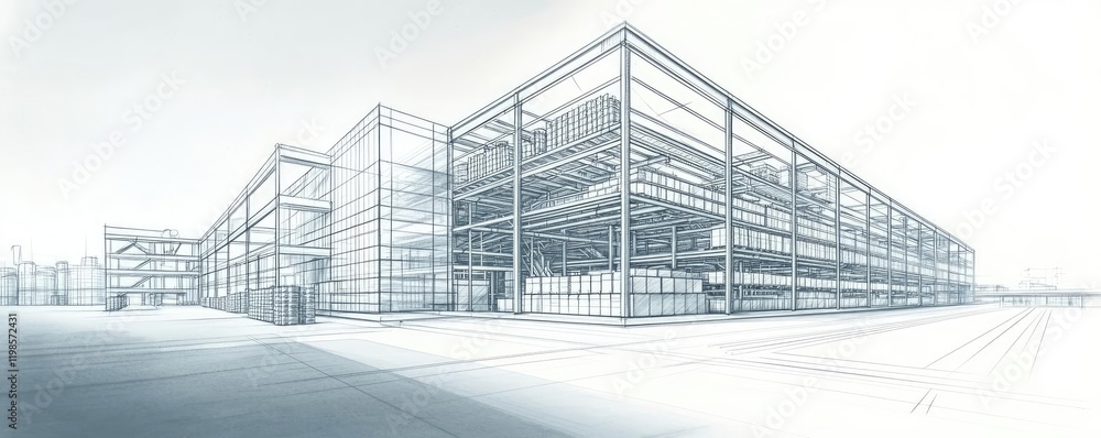 Poster engineer project idea. a sleek architectural sketch of an industrial building structure in a minimal