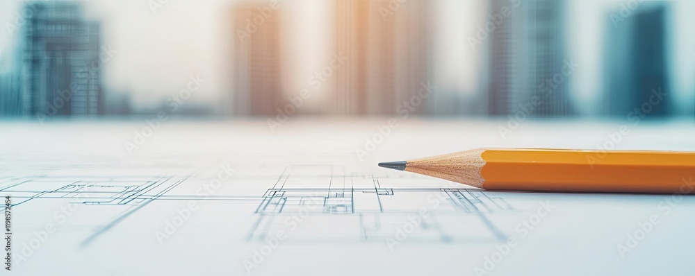 Aufkleber engineer blueprint concept. close-up of a pencil on architectural blueprints with blurred buildings 