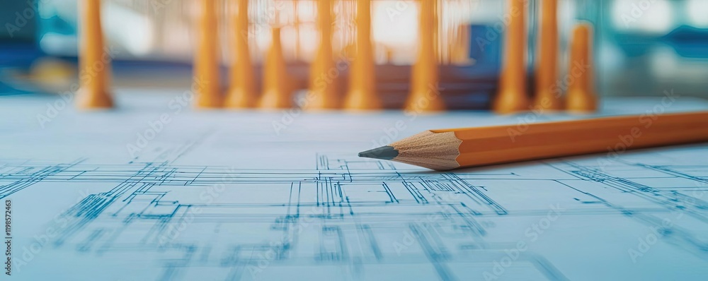 Poster engineer blueprint concept. close-up of architectural blueprint with pencil and markers on a desk fo