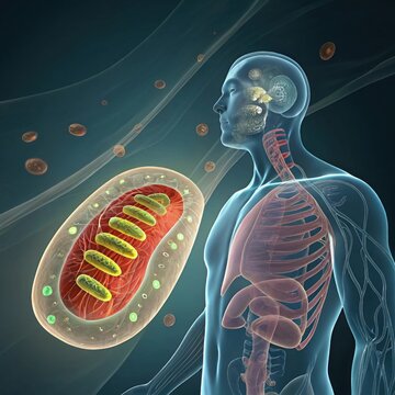 A detailed illustration of a human body with a focus on mitochondria, highlighting their role in cellular energy production and biological functions.
