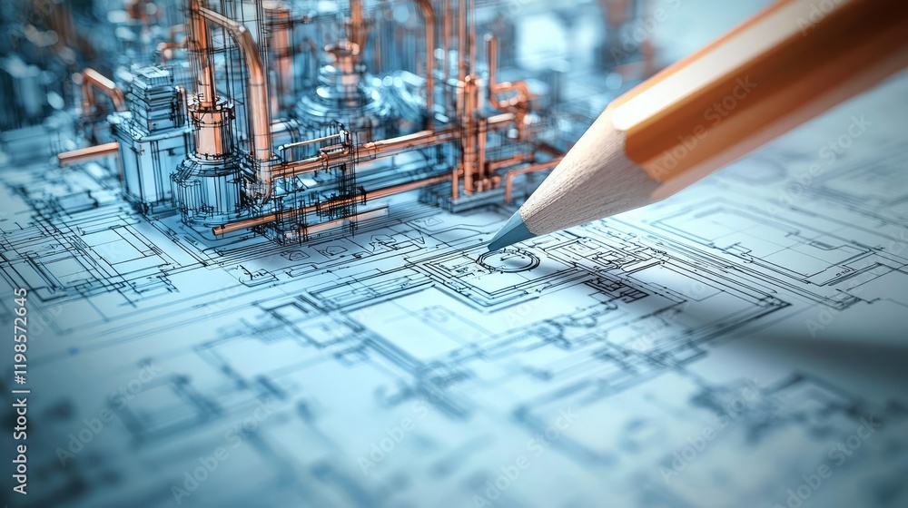 Poster engineer project idea. close-up of an engineering blueprint with a pencil detailing the mechanical d