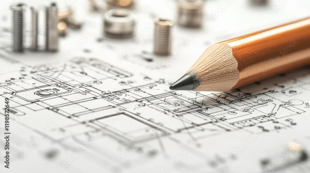 Poster engineer project idea. close-up of a pencil over engineering plans and mechanical components.