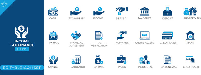 Income tax finance icon set featuring tax filing, audit, calculation, connectivity, enterprise, future,innovation,  and financial compliance symbols.