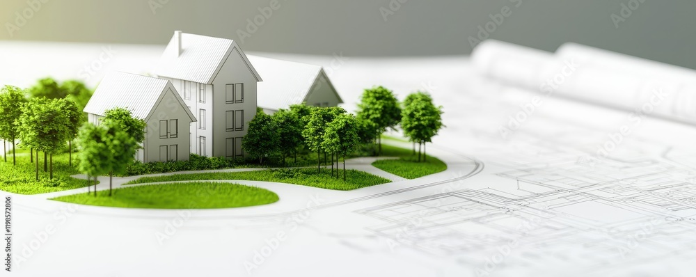 Poster engineer sketching concept. a modern architectural model with green landscaping and blueprints on a 