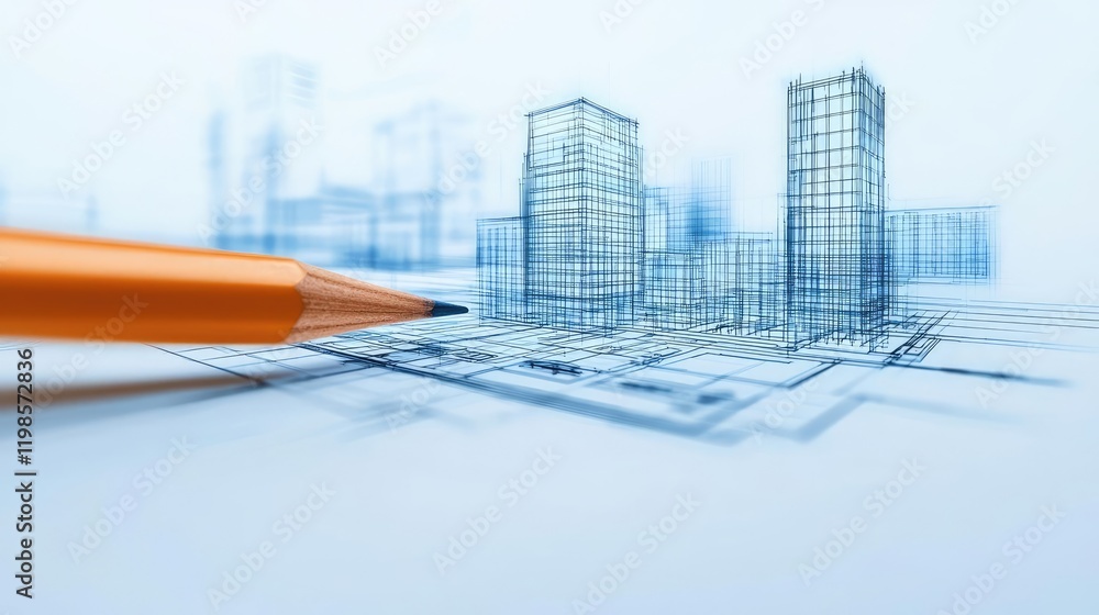 Poster engineer sketching concept. a detailed architectural blueprint with a pencil highlighting skyscraper
