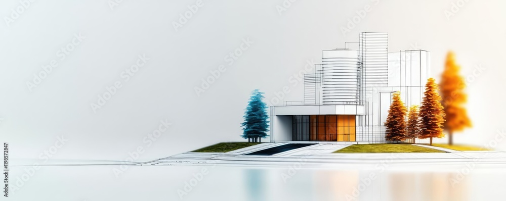 Poster engineer sketching concept. a modern architectural design featuring colorful trees and a serene land