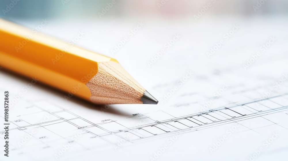 Aufkleber engineer blueprint concept. close-up of a yellow pencil resting on a blueprint emphasizing creativit