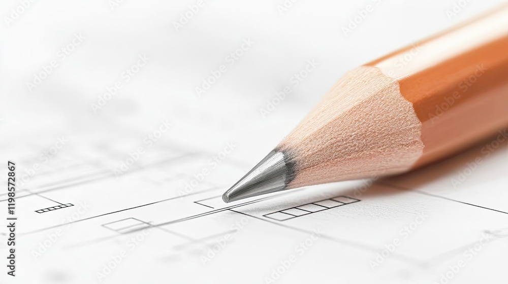 Poster engineer blueprint concept. close-up of a pencil resting on architectural blueprints for precise dra