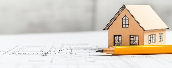 Engineer blueprint concept. A detailed architectural blueprint with a model house and pencil, symbolizing construction.