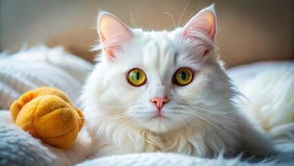 Obraz premium Fluffy White Cat Playing with Toy on Bed - Close Up