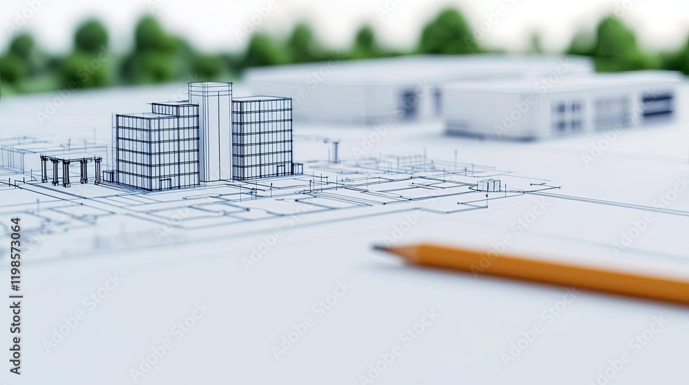 Poster engineer sketching concept. architectural blueprint of a modern building with detailed design and a 