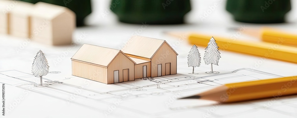 Poster engineer project idea. miniature house model on architectural blueprint with pencils and trees for d