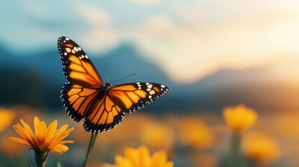 Obraz premium Beautiful monarch butterfly on vibrant flowers in nature captured at sunrise serene landscape view