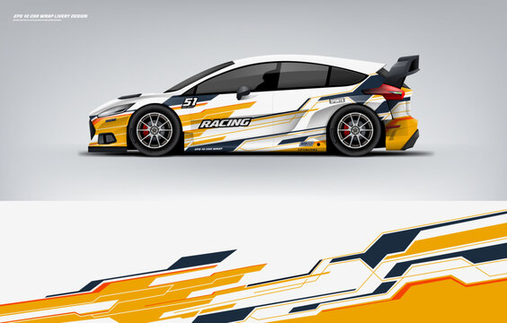 car wrap livery design Hatchback racing wrap decal or livery design.	