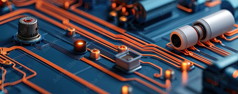 Poster engineer project idea. close-up of a detailed circuit board showcasing intricate connections and com
