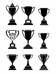 Obraz premium A collection of trophy silhouettes showcases diverse elegant designs on a sleek monochrome backdrop, perfect for representing achievement and competition in sports or business.