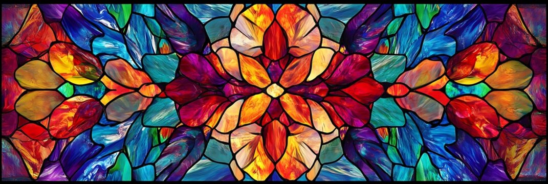 Abstract stained-glass effect with vibrant jewel tones and intricate patterns for bold statements