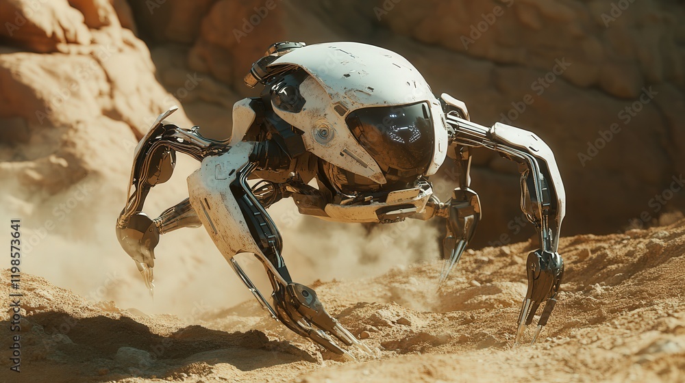 Poster bipedal robot traversing rough terrain, demonstrating advanced balance and adaptive movement technol