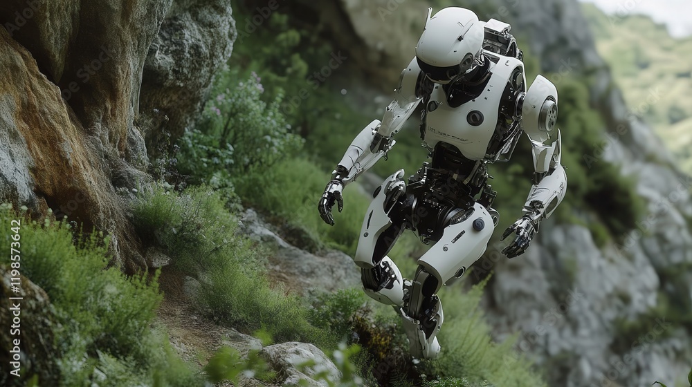 Poster bipedal robot traversing rough terrain, demonstrating advanced balance and adaptive movement technol