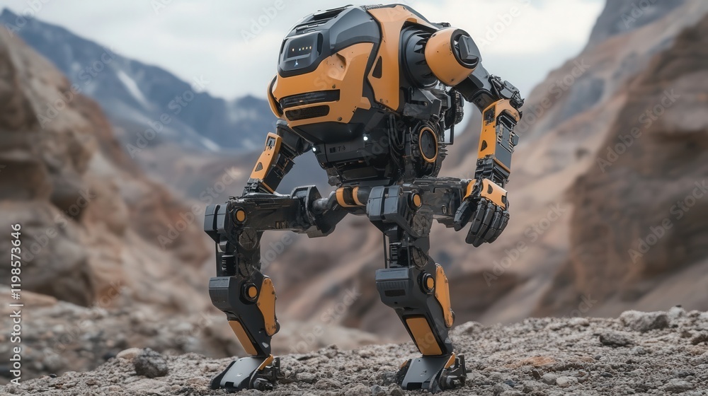 Poster bipedal robot traversing rough terrain, demonstrating advanced balance and adaptive movement technol