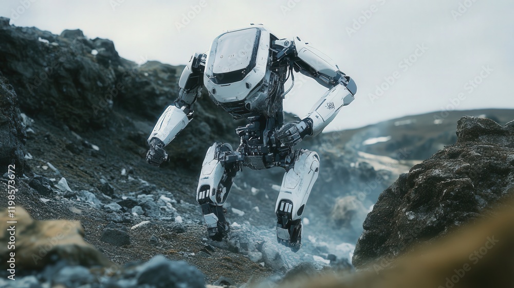 Poster bipedal robot traversing rough terrain, demonstrating advanced balance and adaptive movement technol